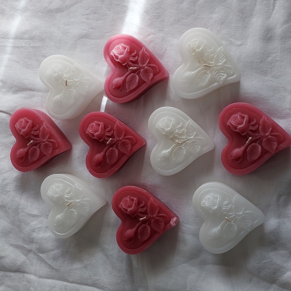 10pc. Candles Pink & White Heart Shape with Rose Design